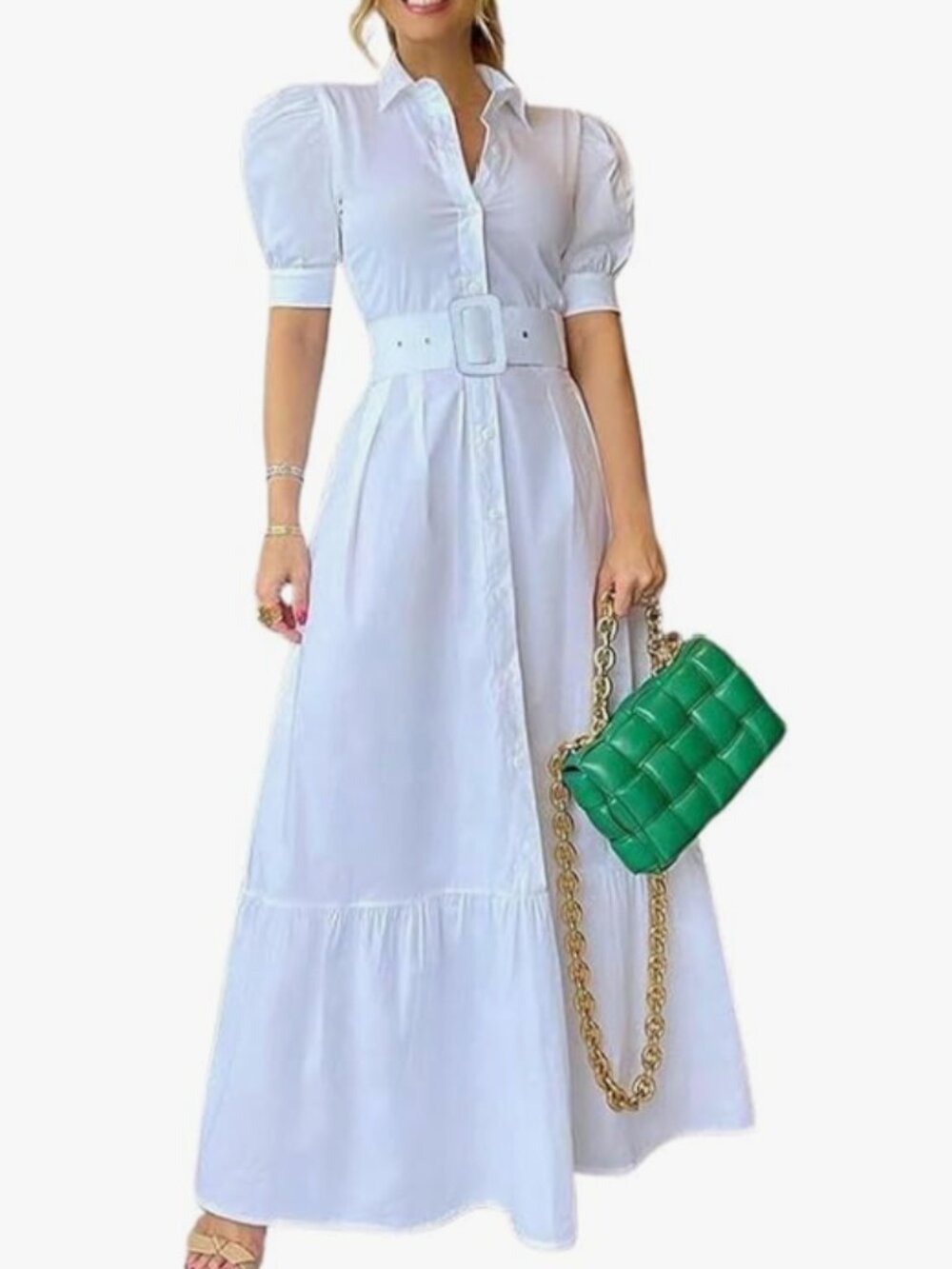 Striped Button‑Down Maxi Shirt Dress – White – XS